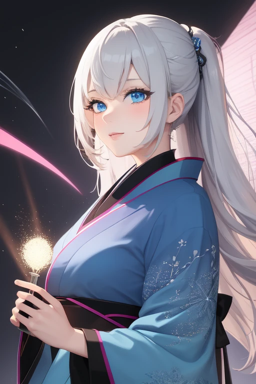 ((best quality)), ((masterpiece)), (detailed), 1girl, Colorful, 1 female, walpaper, light particles, futuristic clothing, ultra-high quality, silver hair, greet, kimono pink, pony hair, blue eyes