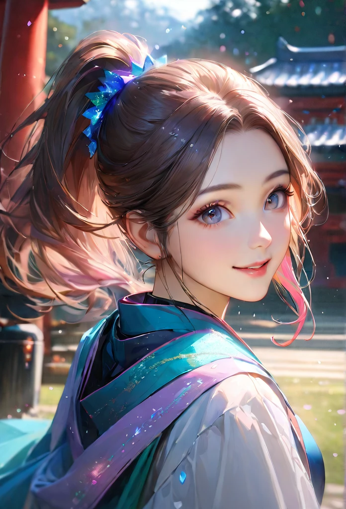 Shrine grounds, Clear sky with white clouds, Shrine maiden, Blur the background,young woman,ponytail,smile,Glitter effect,Highest quality, 8K, High resolution, masterpiece:1.2, Very detailed, Realistic:1.37, High resolution, 超High resolution, Ultra-fine painting, Very detailed, Professional, Vibrant colors