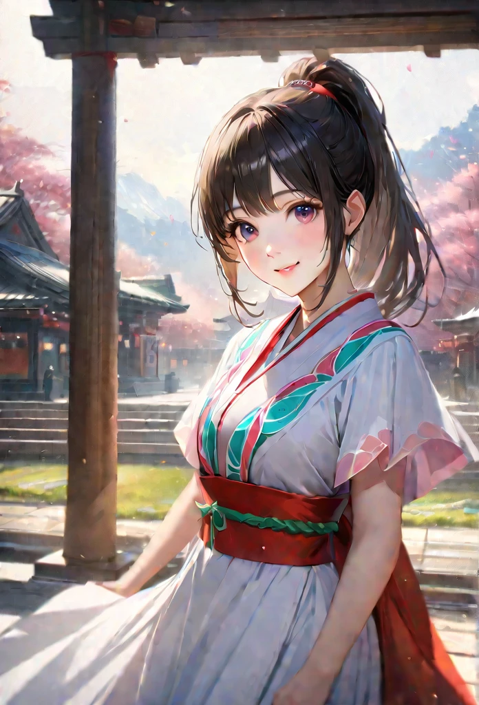 Shrine grounds, Clear sky with white clouds, Shrine maiden, Blur the background,young woman,ponytail,smile,Glitter effect,Highest quality, 8K, High resolution, masterpiece:1.2, Very detailed, Realistic:1.37, High resolution, 超High resolution, Ultra-fine painting, Very detailed, Professional, Vibrant colors