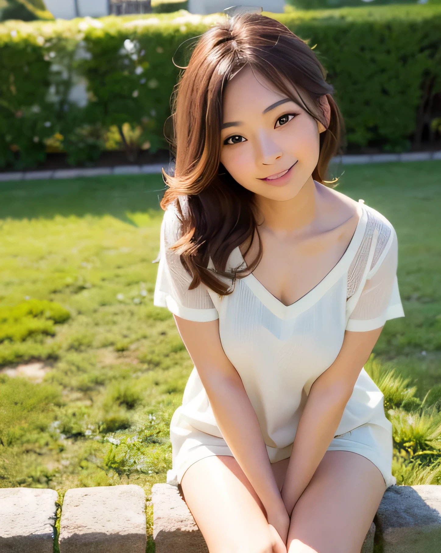 best quality, face focus, soft light, (depth of field) ,ultra high res, (photorealistic:1.4), RAW photo,
(upper thigh:1.4) ,(from front)
1japanese girl, solo, cute, (shy, smile:1.1), (brown eyes),  detailed beautiful face, (midi_hair ), 
garden,(standing)
(linen clothes)