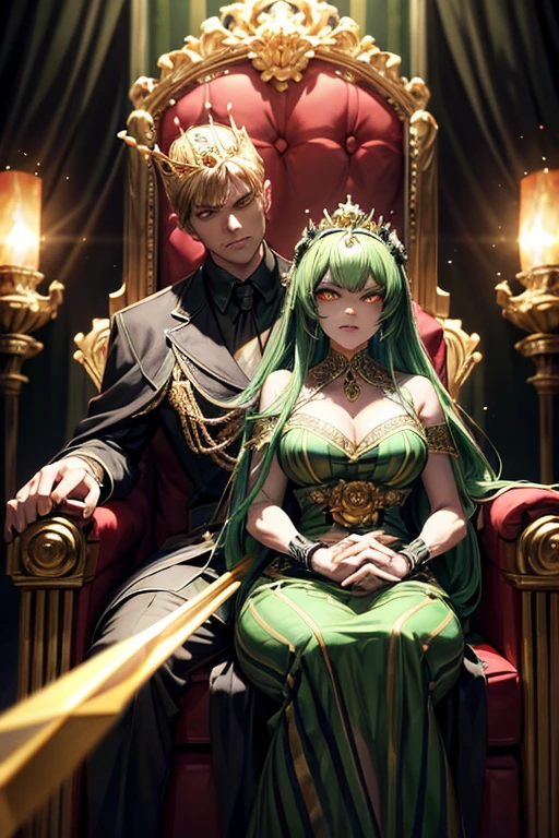 a royal couple, King and Queen bee with green and black striped apparel, regal appearance, wearing a crown, holding a sceptre names STINGER, glowing eyes, venomous fangs, illusionist powers, sitting on throne outdoors, looking down on viewer, menacing, dramatic lighting, highly detailed, cinematic composition, masterpiece, photorealistic, 8k
