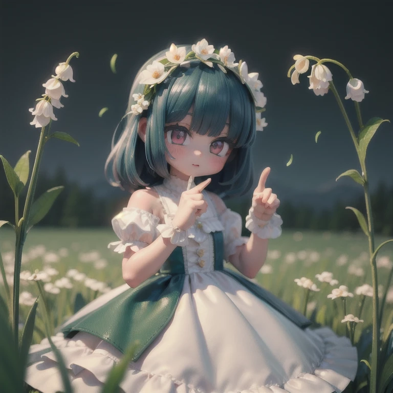 (masterpiece:1.2, Ultra detailed,1.5, unity 8k wallpaper, detailed finger:1.2), lily of the valley:1.5, Girl, Adorable, dress, Night Grassland