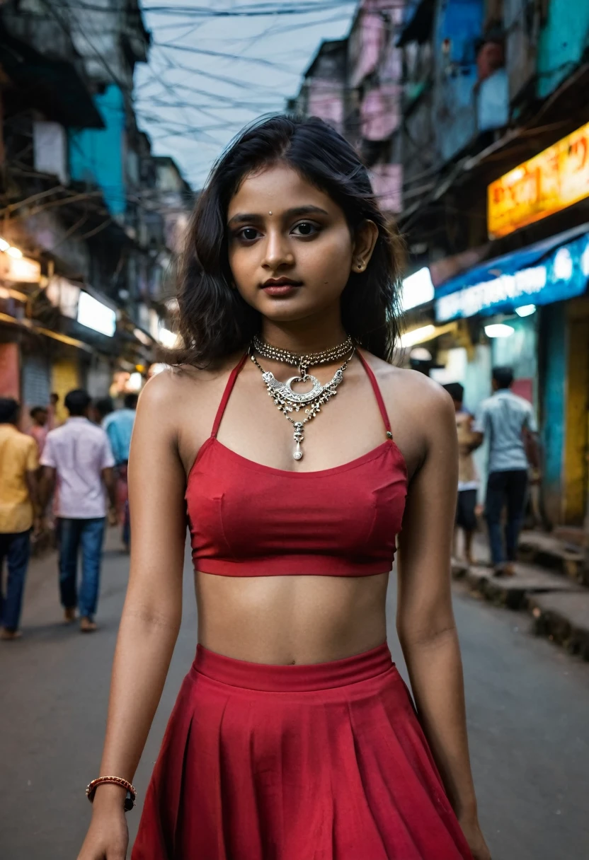 Indian girl wearing halter neck crop top with flared skirt walking in streets of kolkata 8K low light DSLR realistic seductive, crowded place