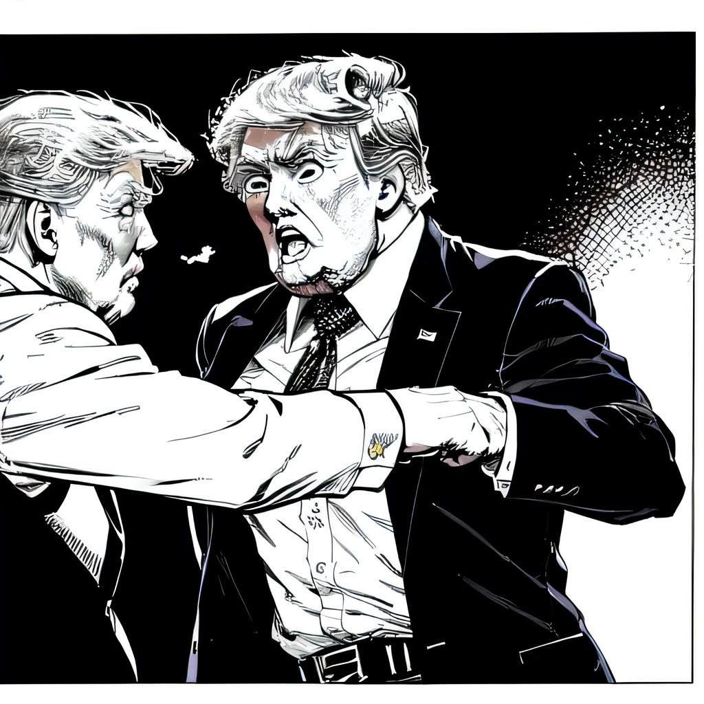 Donald Trump, (masterpiece, best quality,jojo),(2man),(fighting with Joe Biden),ToonShading,bold outlines,(manga influence:1.3),clean linework,striking visuals,comic art style