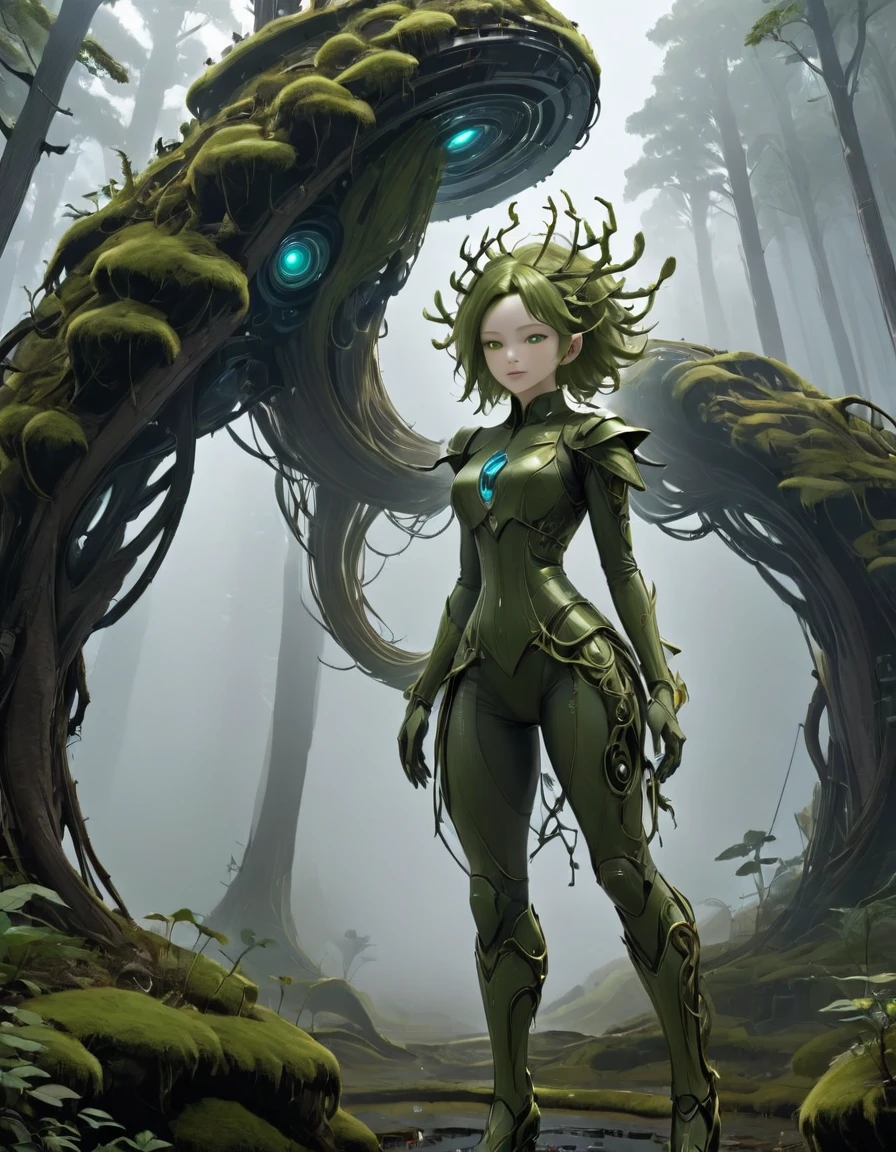 "Design a robot completely covered in lush, green moss, creating a striking blend of technology and nature. The robot's exterior is entirely enveloped in thick, velvety moss that gives it a soft, natural appearance. Its body is constructed with a framework of intertwining branches and stems, which serve as the base for the moss to grow and thrive. The robot’s limbs are composed of flexible, vine-like tendrils that move fluidly, with patches of moss clinging to them. Its eyes are smooth, polished stones set into the moss, glowing faintly with a warm, bioluminescent light. The robot’s core is an intricate, moss-covered structure with small, flowering plants sprouting from it, symbolizing its integration with nature. It stands in a tranquil, shaded forest, where it seamlessly blends into the surrounding foliage, appearing as a living extension of the natural world. The overall effect is a harmonious, futuristic entity that embodies both technological sophistication and natural beauty."