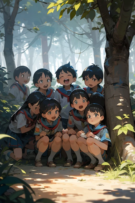 (high quality), (detailed), a sparsely populated forest with sunlight filtering through the leaves, casting dappled shadows on the ground. Include vibrant colors and slight distortions in the trees, creating a whimsical atmosphere. A hot fire crackles in the center of the camp, sending clouds of smoke into the air. In the foreground, a group of children (aged 8 to , wearing scout clothes), (perfect face with expression of happiness), at the camp, playing hide and seek amid laughter and excitement, (((wearing uniform traditional scout))),