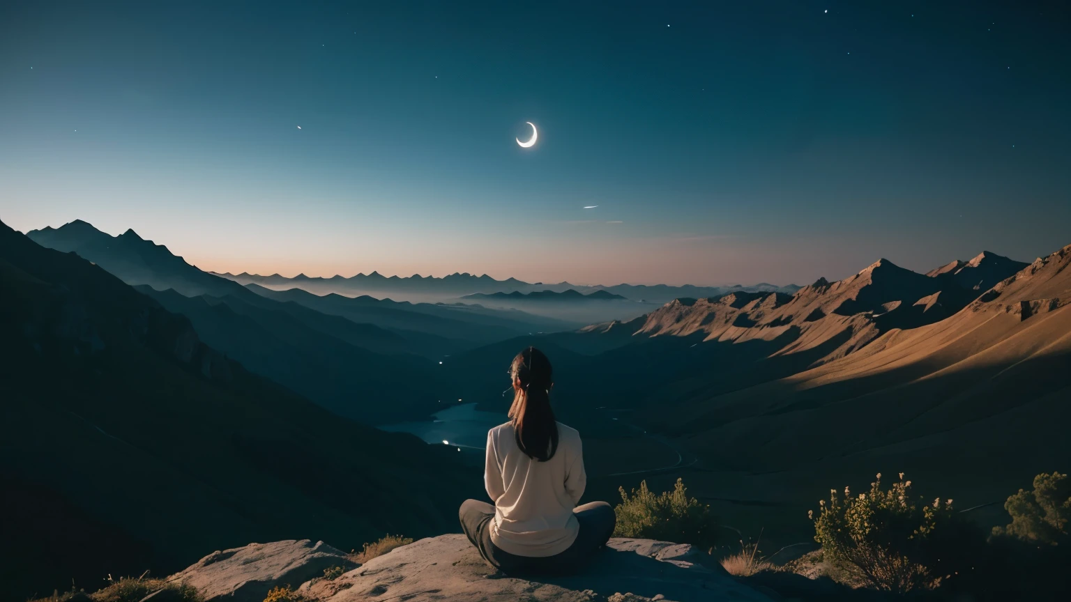 a person meditating. Loose Clothes. very detailed image Beautiful landscape of a valley illuminated by the night of a crescent moon. Feeling of great wisdom. Dreamlike and fantastic world. cinematic lighting.