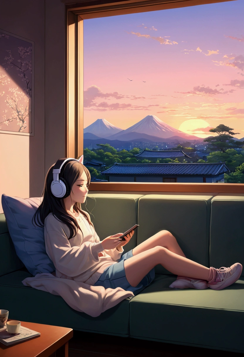 A girl relaxing on a sofa listening to music with headphones in a room at dusk。profile。Cute cat nearby。It's dusk outside。Japanese anime style