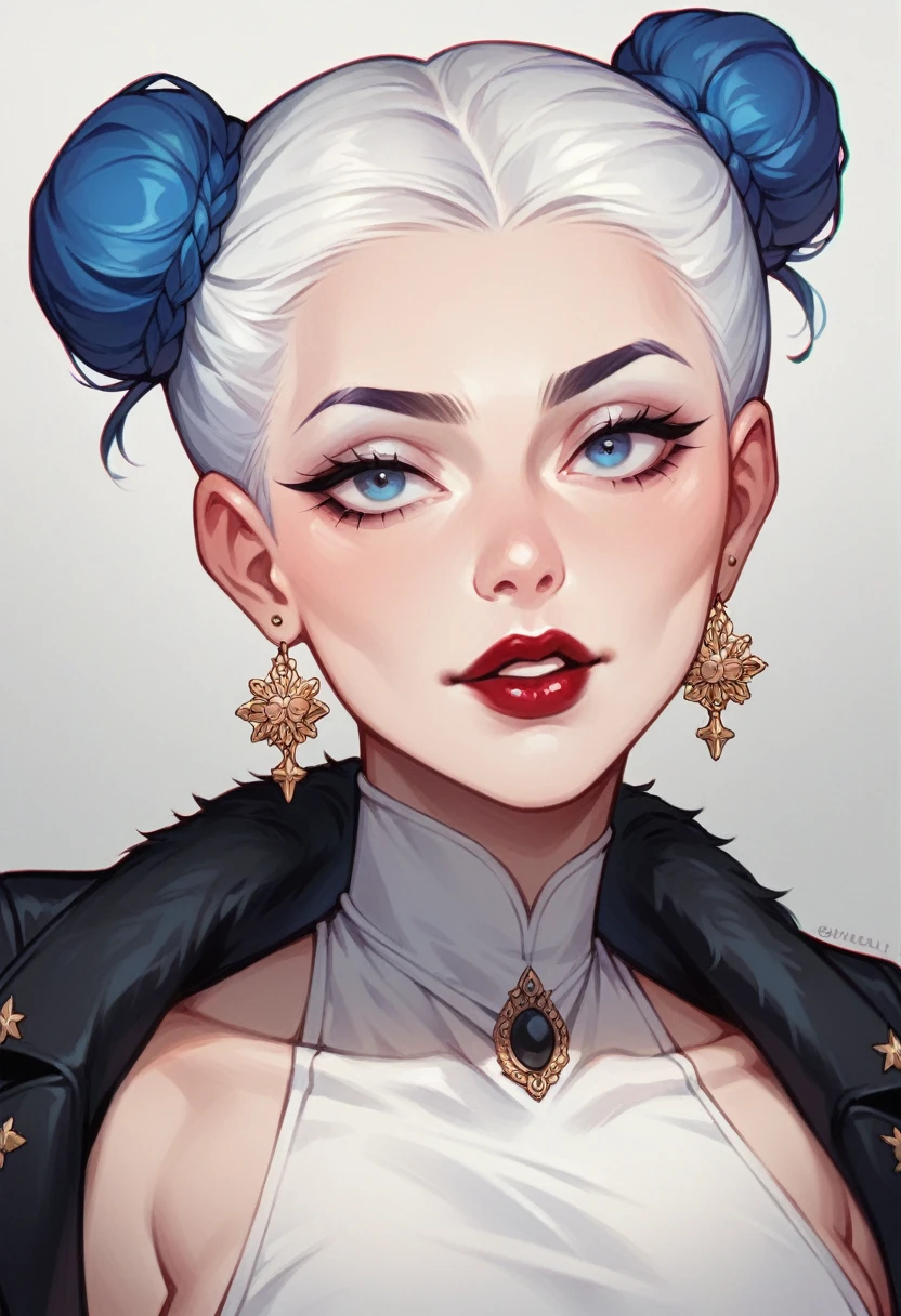 beautyfull white woman, blue buns hair, white dress, black luxurious coat, red lipstick, white chocker