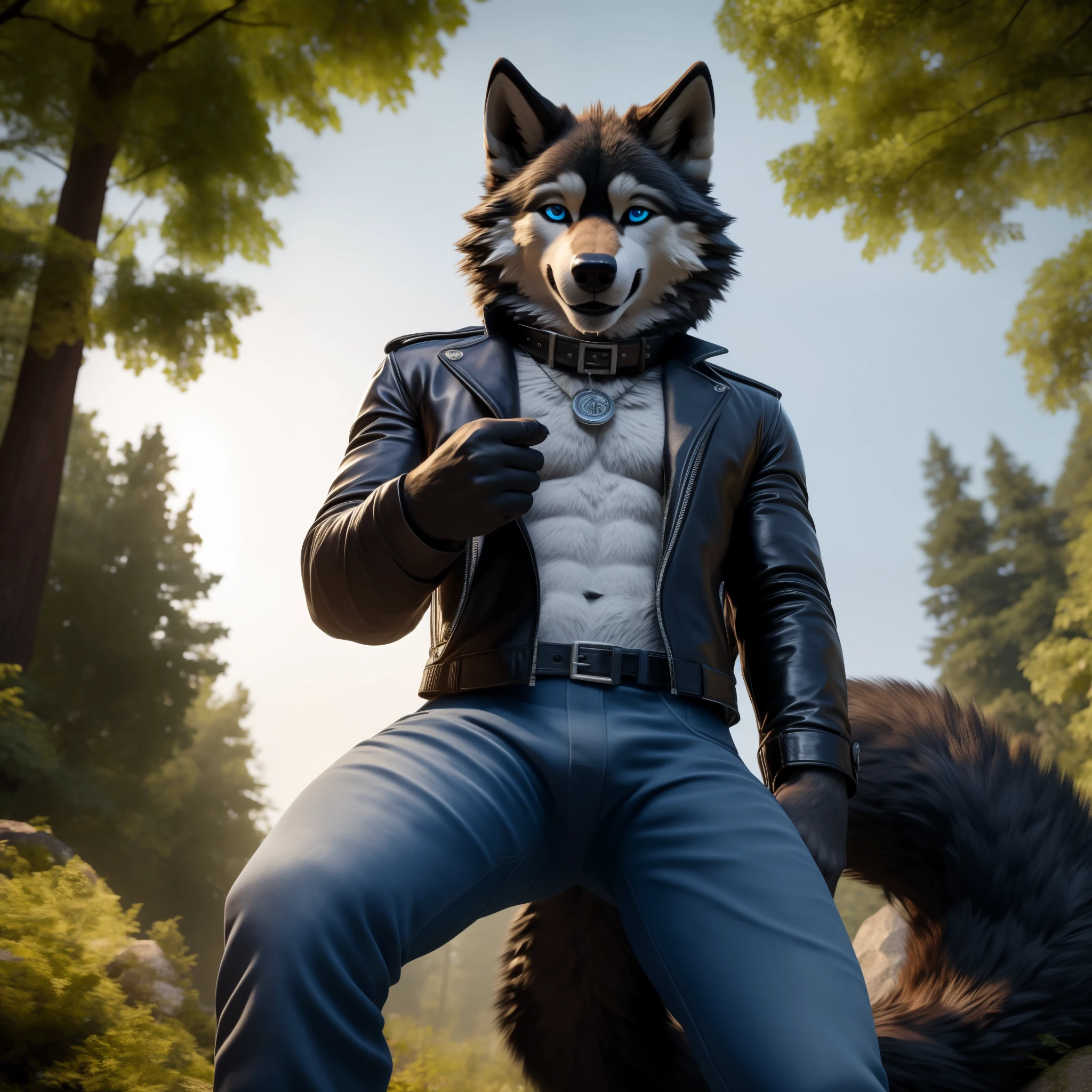 Posing, 1Male, 30 years old, cute, eyeliner, happy expression, black leather jacket, anthro, wolf ears, (black fur:1.5), wolf, forest background, 8k, hi res, (best quality, masterpiece), (wolf tail:1.5), detailed fur, solo, collar, blue jeans, blue eyes. dynamic angle, ultra-detailed, thumb up, one eye open,