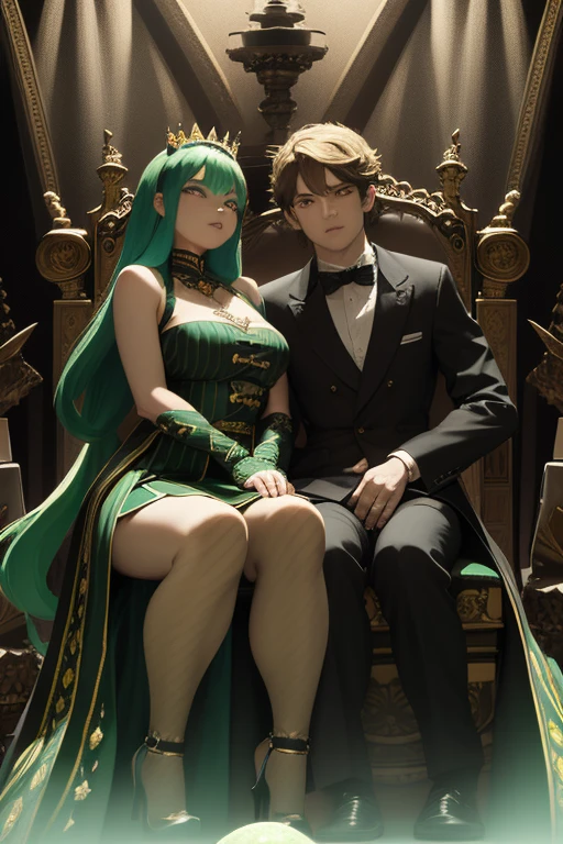 a royal couple, King and Queen bee with green and black striped apparel, regal appearance, wearing a crown, holding a sceptre names STINGER, glowing eyes, venomous fangs, illusionist powers, sitting on throne outdoors, looking down on viewer, menacing, dramatic lighting, highly detailed, cinematic composition, masterpiece, photorealistic, 8k
