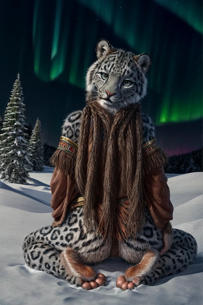 Snow Leopard, Humanity, furry, woman, woman, fur, detailed fur masterpiece, Highest quality, Digital Art, (Realistic:0.3), comics, Fine Lines, High resolution, Visually stunning (Detailed lighting, Depth of written boundary:0.9), Detailed Color, Vibrant colors, perfect hands, Fine hand (beautiful, cute, fluffy:1.2), Detailed body,One girl,(((Barefoot hairy character))),Person sitting barefoot in the snow, (((Nice legs, Soles and pads))),smile,nature, Tribal accessories, Tribal costume, Colorful aurora borealis,Night