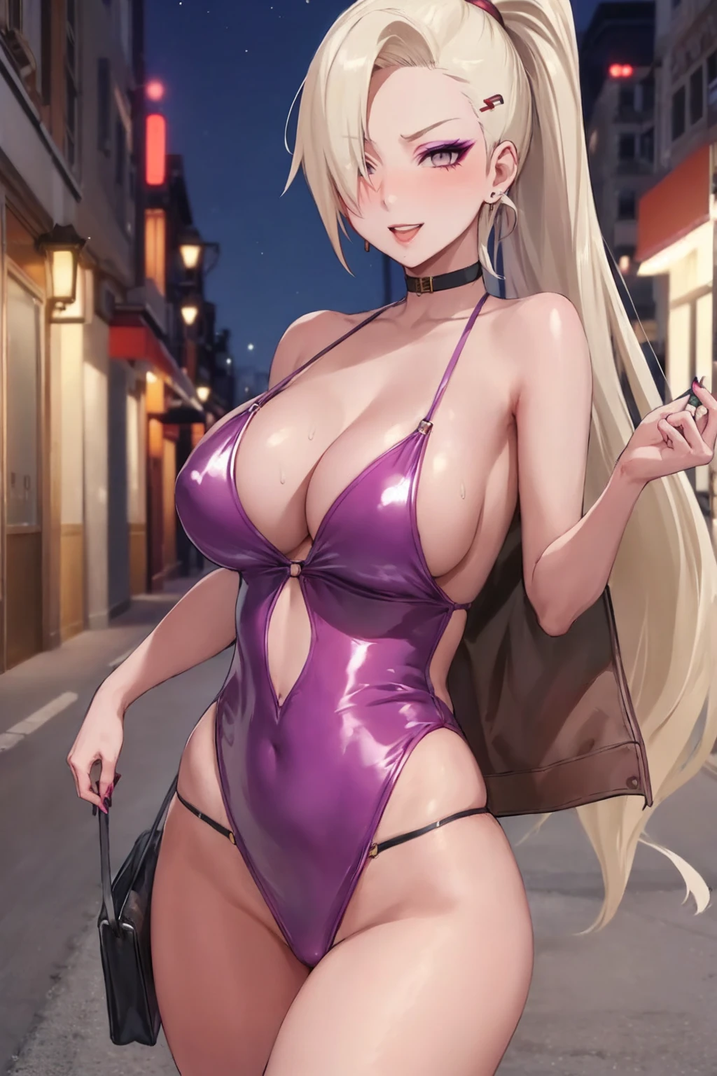 masterpiece, best quality, (1 girl), solo, nice hips, medium breasts, slutty grin, young girl, wide hips, street, nighttime, detailed eyes, elegant girl, blonde, elegant hair, open mouth, wearing a slutty purple latex bodycon, ponytail, slutty, choker, slut-earrings, long hair, (hair over one eye), (wearing thong), (hair covering one eye), (ino yamanaka), makeup, (eyeshadow makeup), lipstick, prostitute, (nipple bulge in top),