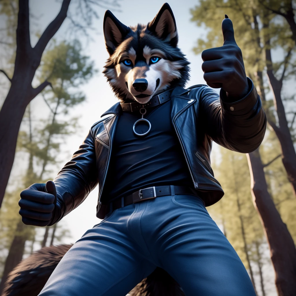 Posing, 1Male, 30 years old, cute, eyeliner, happy expression, black leather jacket, anthro, wolf ears, (black fur:1.5), wolf, forest background, 8k, hi res, (best quality, masterpiece), (wolf tail:1.5), detailed fur, solo, collar, blue jeans, blue eyes. dynamic angle, ultra-detailed, thumb up, 