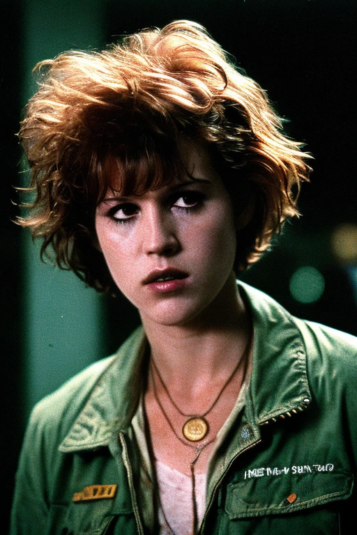 Full shot of eighteen-year-old Molly Ringwald, messy/shaggy razored/layered bob haircut with sideswept bangs, bags under eyes, exhausted eyes, undershadowed eyes, with copper pocketwatch necklace, wearing dark green jacket with sleeves rolled up, white tank top and jeans, extremely realistic, extremely detailed, extreme realism, extreme detail, extremely accurate resemblance, scene from 1986 psychological sci-fi horror film, directed by Michael Mann, cinematography by Dante Spinotti, muted color scheme, muted color palette, neo-noir, tech-noir, taken from VHS tape, atmospheric, moody, Manhunter (1986) influenced, Thief (1981) influenced, bedhead, unkempt hair, insomniac, dark circles under eyes, brooding anti-heroine, cult classic, cult film, complex, elaborate, masterpiece, underlit, dark, VHS grain, VHS filter, Silent Hill vibes, old VHS tape, VHS static, deteriorated VHS, VHS footage, CRT TV filter, gritty, synthwave, synth horror, neon, Blade Runner influenced, Drive (2011) influenced, directed by Nicholas Winding Refn, neon nightmare