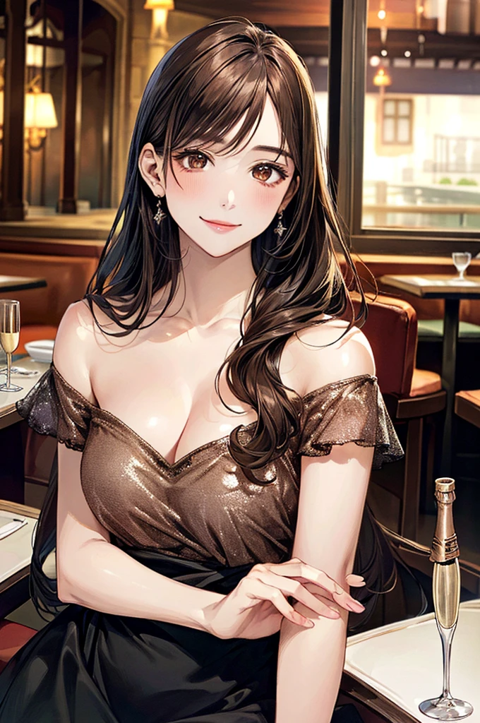 (masterpiece:1.3, Highest quality, Ultra-high resolution, Super detailed), (Realistic, photoRealistic:1.4), Beautiful illustrations, Perfect lighting, Natural light, Romantic lighting, colorful, Depth of written boundary, NFSW,
View your viewers, (View through the table), 1 girl, Japanese, , Perfect Face, (Perfect Anatomy), Cute and symmetrical face, Baby Face, Glowing Skin,
(Long Hair, Updo Hair, Brown Hair), Swept-apart bangs, Chestnut brown eyes, Long eyelashes, (Large Breasts:0.8, Captivating thighs, Big Ass),
Beautiful Hair, Beautiful Face, Beautiful attention to detail, Beautiful clavicle, Beautiful body, Beautiful breasts, Beautiful thighs, Beautiful feet, Beautiful fingers,
Off-the-shoulder dress、
(Beautiful views), dinner, (food, steak, Champagne glasses, restaurant:1.4), Tilt your head, (Cute smile, Upward glance),