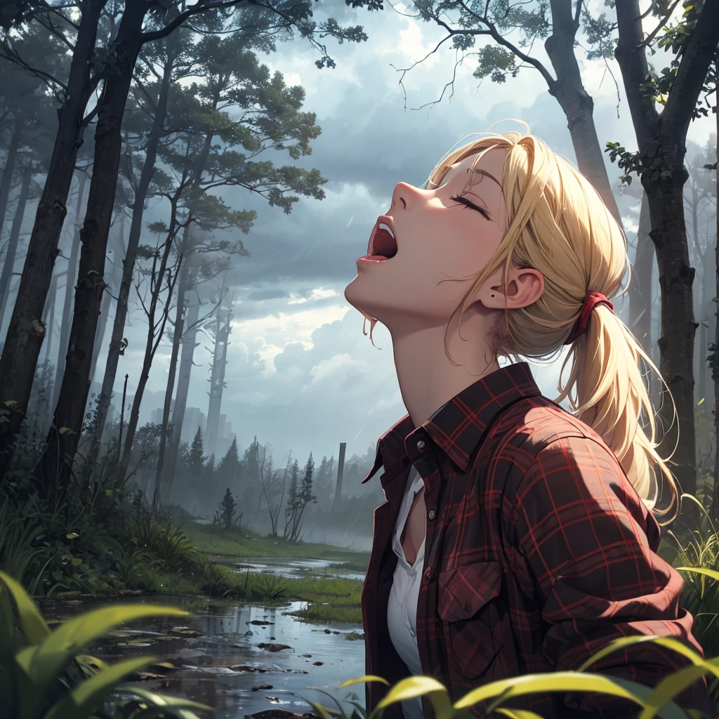 drowned in mud, bog, grass, trees, muck, orgasm, looking up, eyes closed, mouth open, stormy weather, Solo, From Side, wearing flannel shirt unbuttoned, blonde hair in ponytail