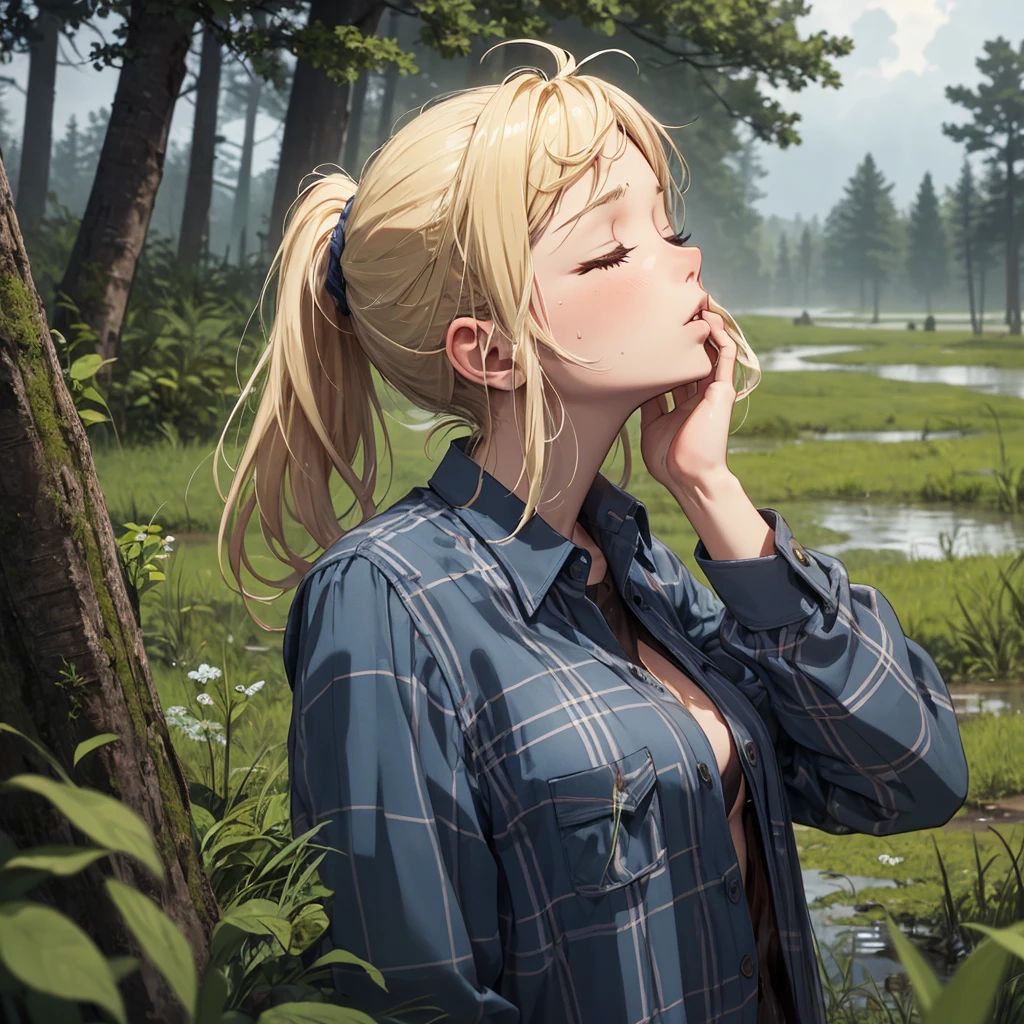 drowned in mud, bog, grass, trees, muck, orgasm, looking up, eyes closed, mouth open, stormy weather, Solo, From Side, wearing flannel shirt unbuttoned, blonde hair in ponytail