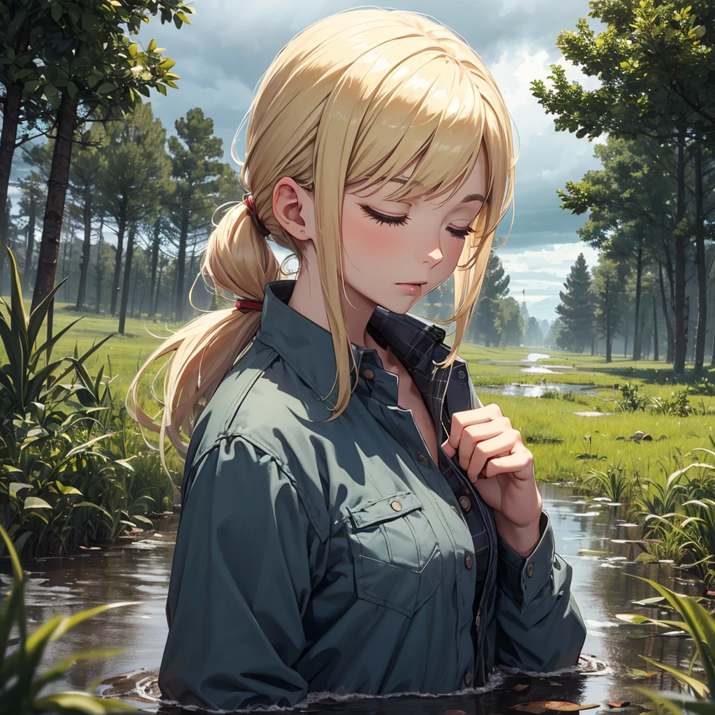 drowned in mud, bog, grass, trees, muck, orgasm, looking up, eyes closed, mouth open, stormy weather, Solo, From Side, wearing flannel shirt unbuttoned, blonde hair in ponytail
