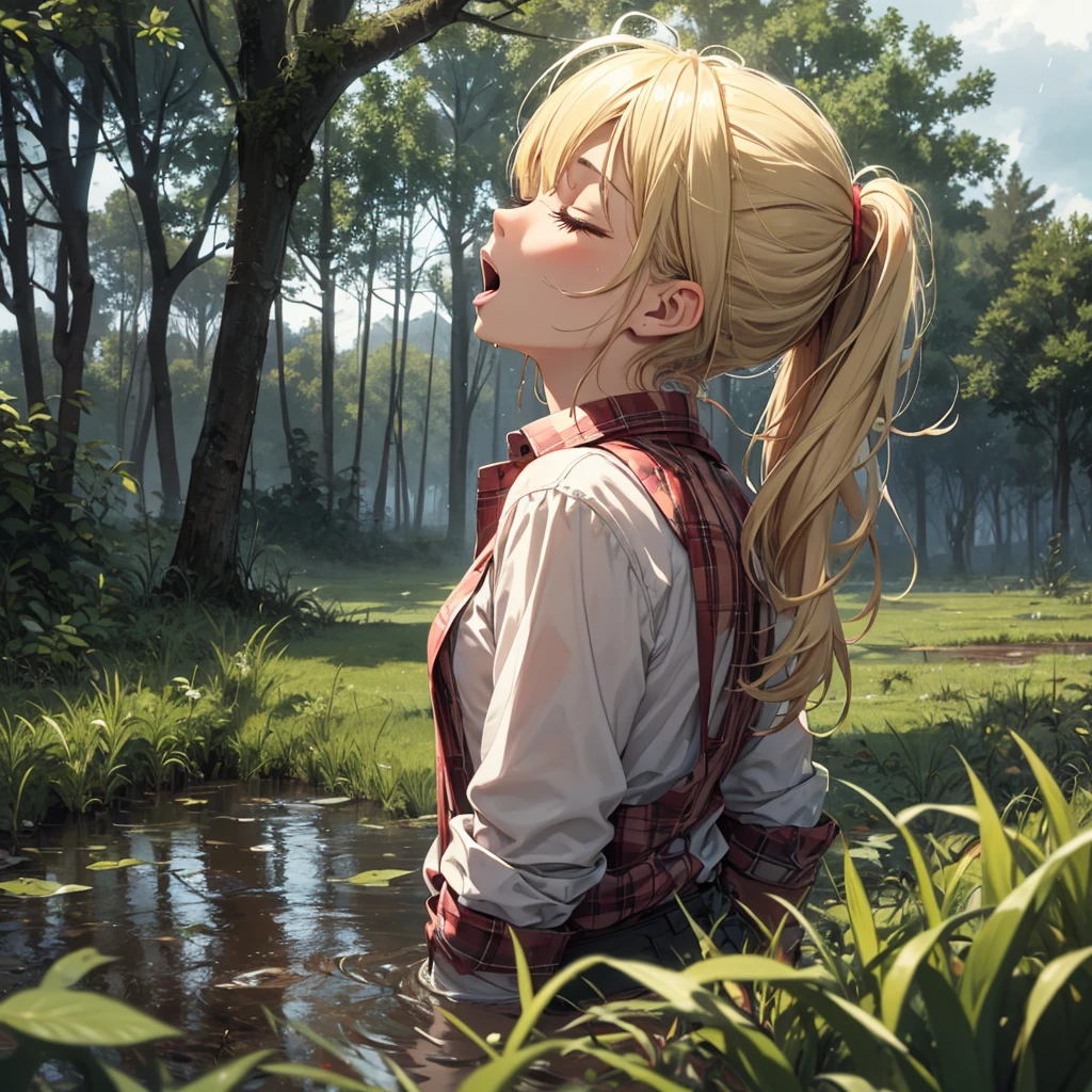 drowned in mud, bog, grass, trees, muck, orgasm, looking up, eyes closed, mouth open, stormy weather, Solo, From Side, wearing flannel shirt unbuttoned, blonde hair in ponytail