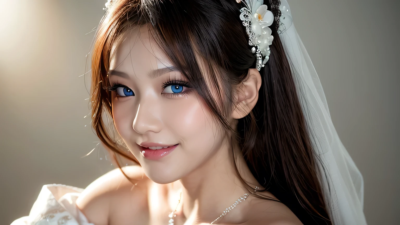 (High resolution photo, bust, 1 girl, 28 years old, woman, facial details, baby fat, waist accessories, smile, showing less teeth, white skin, upper body, off shoulder wedding kimono, model pose, studio lighting)