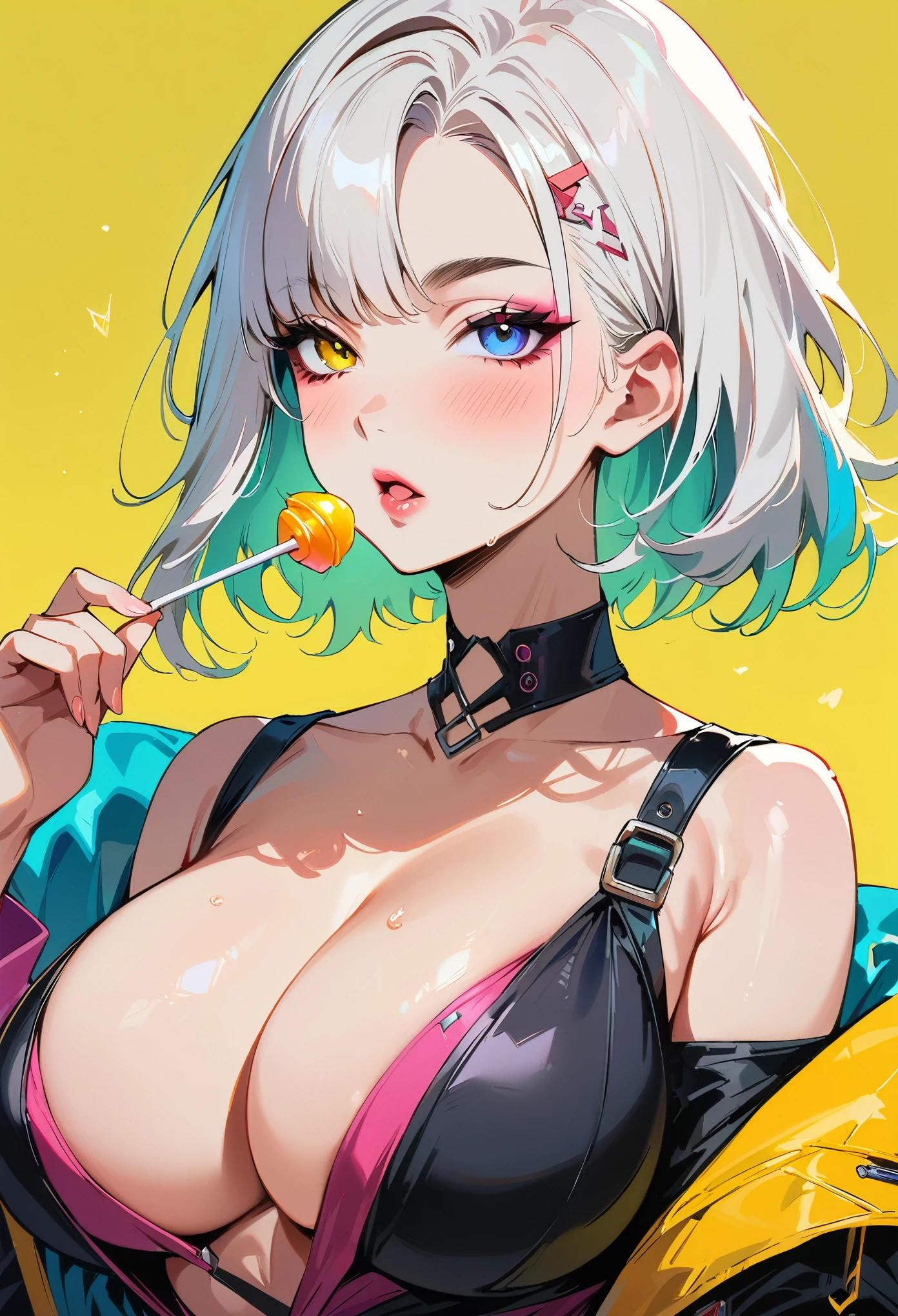 (masterpiece, best quality:1.4), 1 girl, 独奏, Anime style, Heterochromia, Blurred eyes, Eat Lollipop, Pink lower lip, Cyberpunk style makeup, Short silver asymmetrical hair, Asymmetrical short hairstyle, Long bangs on one side, Color highlights, Huge breasts, Black off-the-shoulder leather jacket, Pure yellow background.