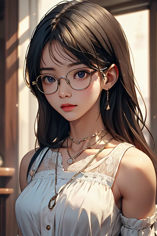 Highest quality、masterpiece、High sensitivity、High resolution、Detailed Description、Slender women、Glasses、Upper body restraint、Chaining、