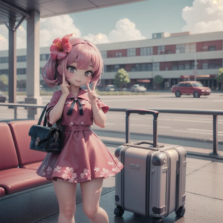 (masterpiece:1.2, Ultra detailed,1.5, unity 8k wallpaper, detailed finger:1.2), hibiscus:1.5, Girl, Cheerful, one piece, Airport in the South