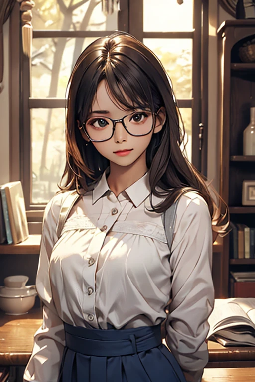 Highest quality、masterpiece、High sensitivity、High resolution、Detailed Description、Slender women、Glasses、Upper body restraint、