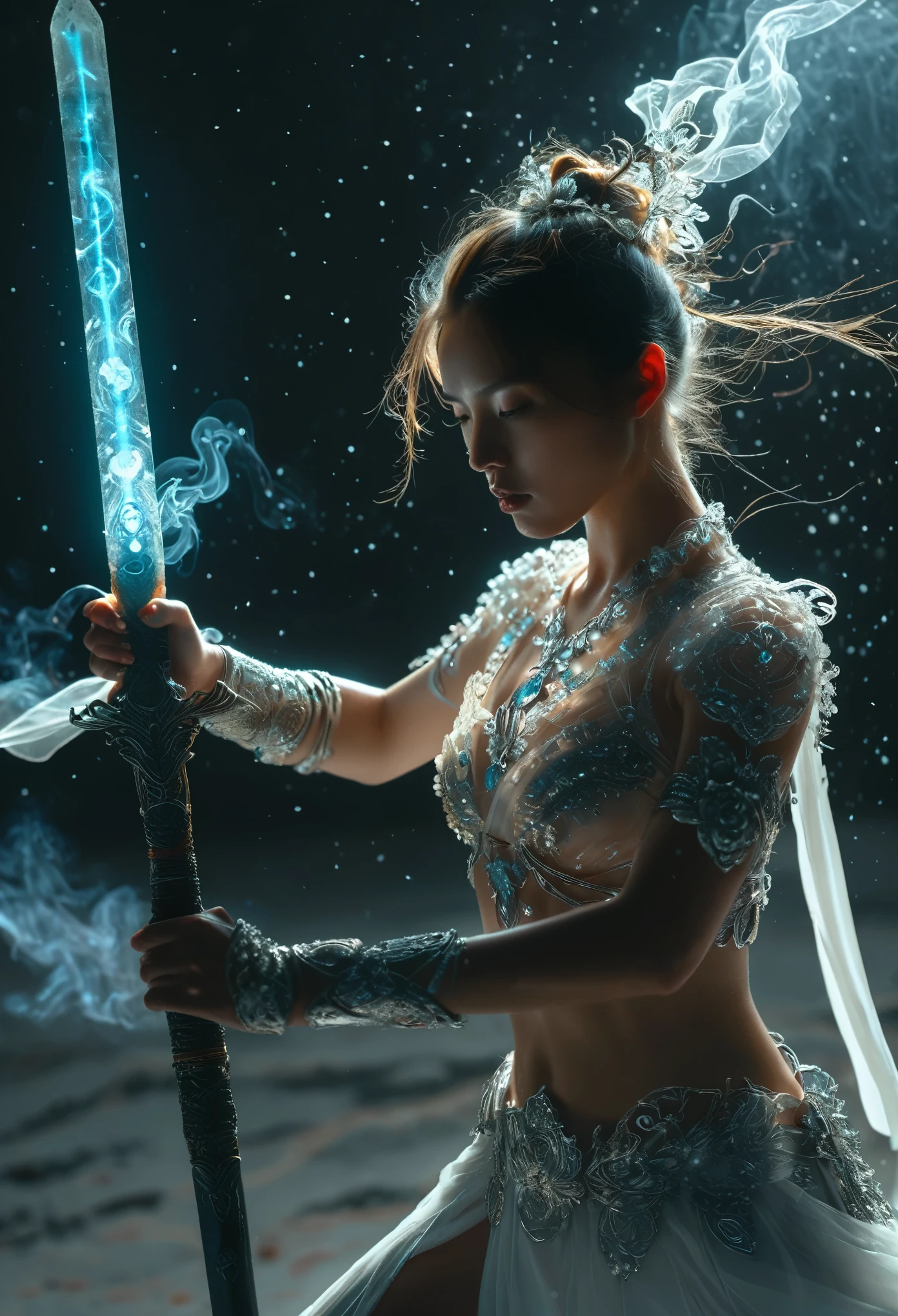 Topless photos of female swordsman,Atomic Correct,Raw, Lenses, (Be focused:1.5), (Reality:1.4), Dusk lighting, Volumetric Lighting, Ultra-high resolution, 16K,Dramatic Lighting, White background:1.5),Glowing sword,(Fighting Stance),Hold the hilt tightly,1 Sword,solitary,(tangled,Mandala,Tangle,Entanglement:0.7) , Depth of Field, Dreamy atmosphere, The most beautiful form of chaos, grace, Brutalist Design Dark Theme, Flower of Death, Flowers of ecstasy,Glowing Line,Glow Example,Tracking Example,flash, Backlight,translucent,Light Particles,exit,Xianxia