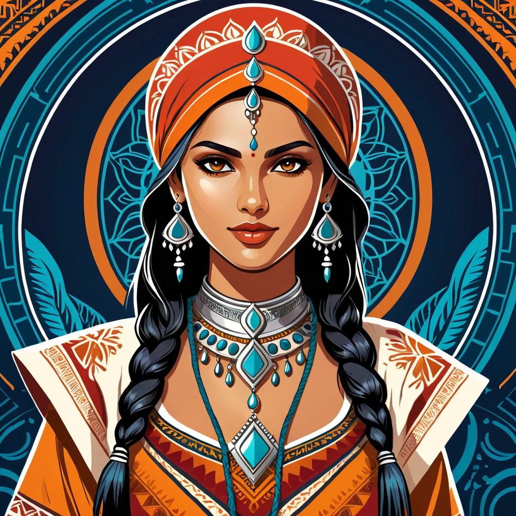 female netrunner in indian folk outfit ,vector graphics, strong contours, logo design