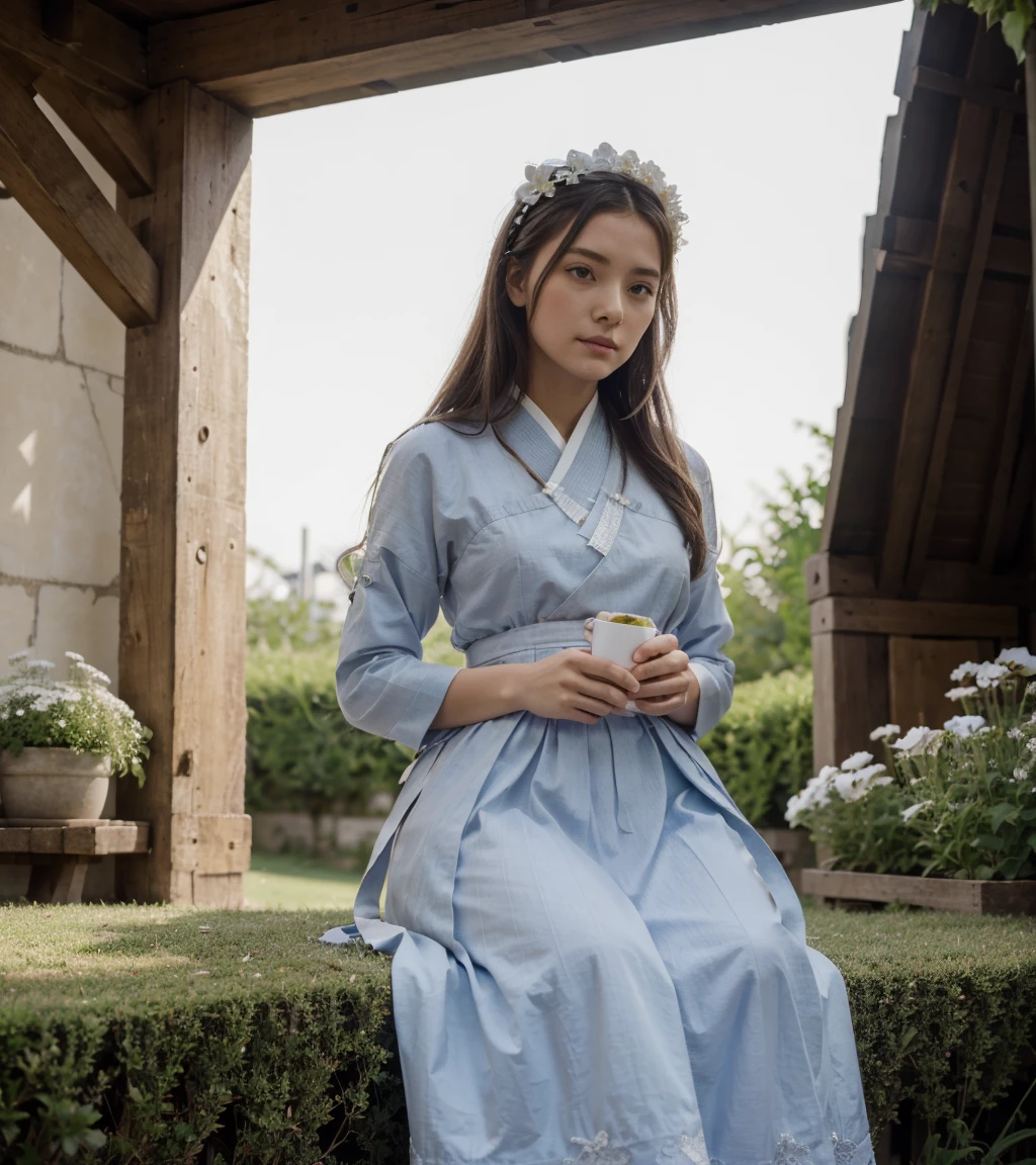 Meilleure qualité, Haut_résolution, Distinct_image, contexte détaillé ,fille, Hanbok,fleur,jardin,lune, nuit,angle hollandais, plan large, couronne, 