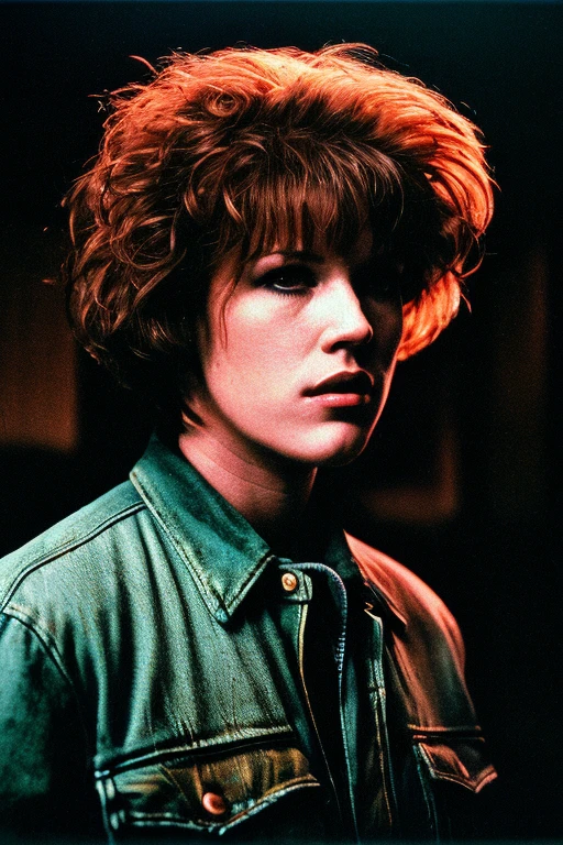 Full shot of eighteen-year-old Molly Ringwald, messy/shaggy razored/layered bob haircut with sideswept bangs, bags under eyes, exhausted eyes, undershadowed eyes, with copper pocketwatch necklace, wearing dark green jacket with sleeves rolled up, white tank top and jeans, extremely realistic, extremely detailed, extreme realism, extreme detail, extremely accurate resemblance, scene from 1986 psychological sci-fi horror film, directed by Michael Mann, cinematography by Dante Spinotti, neo-noir, tech-noir, taken from VHS tape, atmospheric, moody, Manhunter (1986) influenced, Thief (1981) influenced, bedhead, unkempt hair, insomniac, dark circles under eyes, brooding anti-heroine, cult classic, cult film, complex, elaborate, masterpiece, underlit, dark, VHS grain, VHS filter, Silent Hill vibes, old VHS tape, VHS static, deteriorated VHS, VHS footage, CRT TV filter, gritty, synthwave, synth horror, neon, Blade Runner influenced, Drive (2011) influenced, directed by Nicholas Winding Refn, neon nightmare, shot on 35mm film, detective