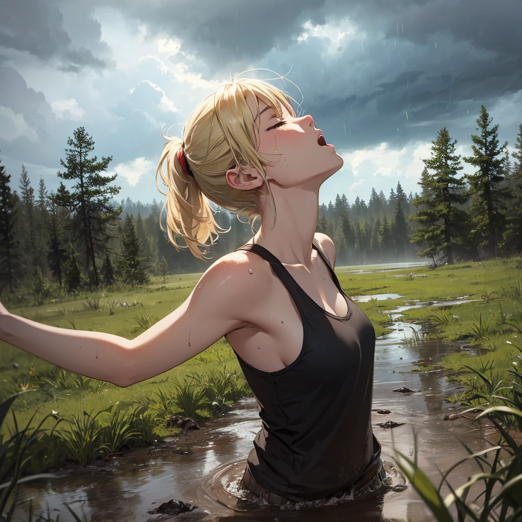 drowned in mud, bog, grass, trees, muck, orgasm, looking up, eyes closed, mouth open, stormy weather, Solo, From Side, wearing tank top, blonde hair in ponytail