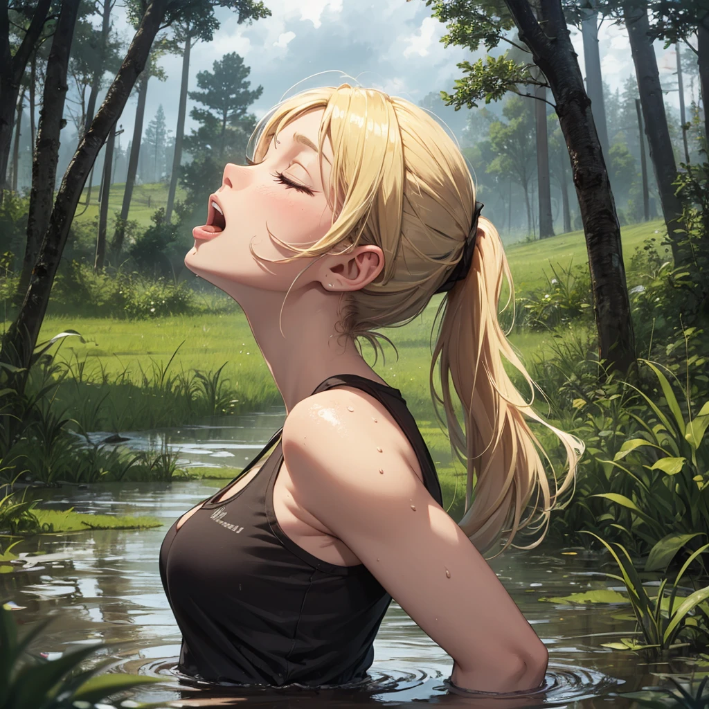 drowned in mud, bog, grass, trees, muck, orgasm, looking up, eyes closed, mouth open, stormy weather, Solo, From Side, wearing tank top, blonde hair in ponytail