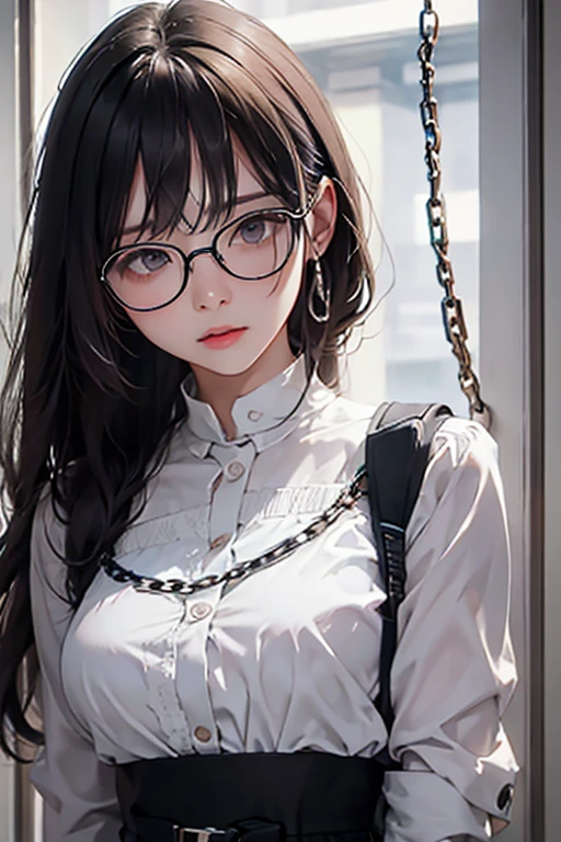 Highest quality、masterpiece、High sensitivity、High resolution、Detailed Description、Slender women、Glasses、Upper body restraint、Chain、