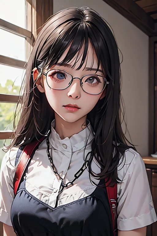 Highest quality、masterpiece、High sensitivity、High resolution、Detailed Description、Slender women、Glasses、Upper body restraint、Chain、