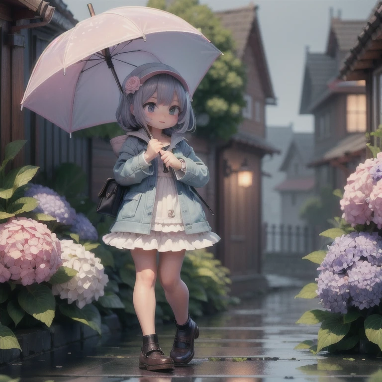 (masterpiece:1.2, Ultra detailed,1.5, unity 8k wallpaper, detailed finger:1.2), Hydrangea:1.5, Girl, Cheerful, Raincoat, Rainy Sky, Holding an umbrella, Watching a snail