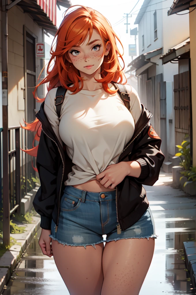 Cute ginger girl, thick, thick thighs, busty, freckles, summer clothes, cute makeup, posing for camera, in a deserted town, misty weather,
