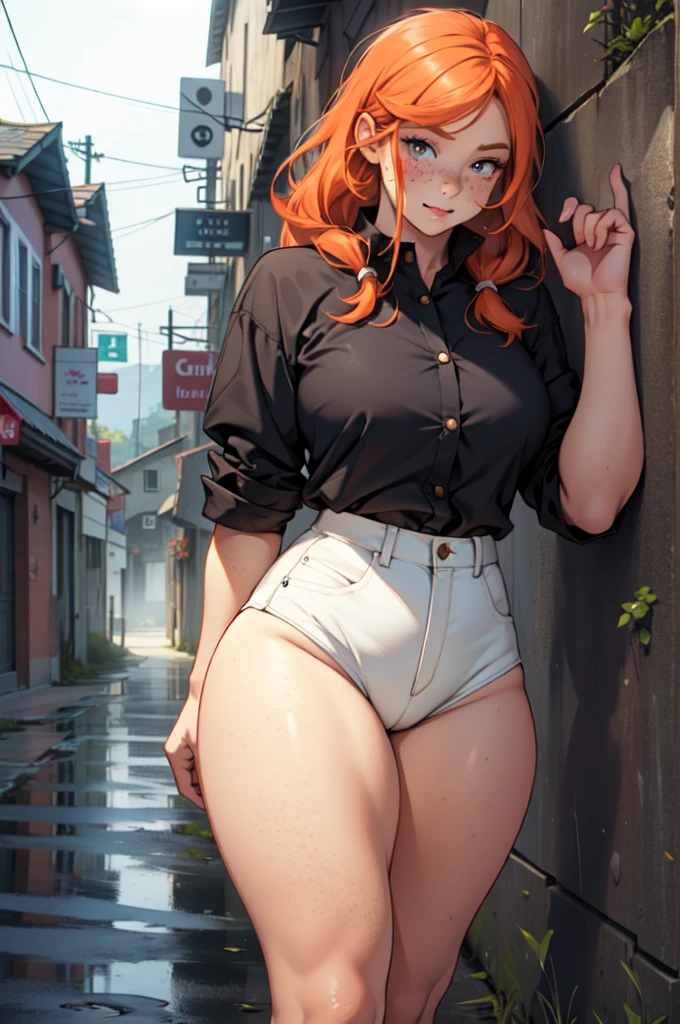 Cute ginger girl, thick, thick thighs, busty, freckles, summer clothes, cute makeup, posing for camera, in a deserted town, misty weather,