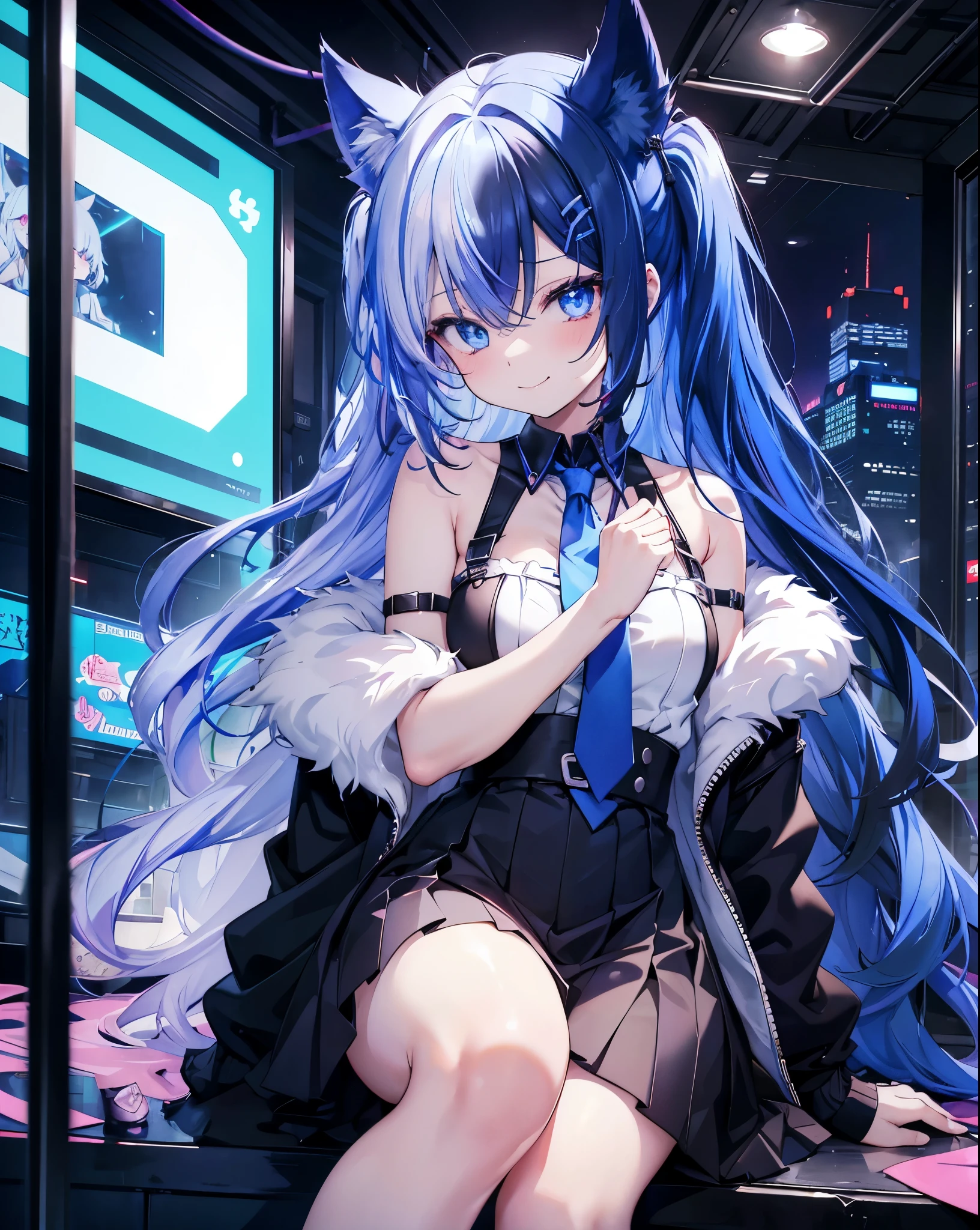 A succubus nekogirl, neko ears, demon tail, smiling with one kawaii Protruding canine as in anime, Horny face Foaming at the mouth. Half colored hair, half blue-black hair, half white hair, blue eyes, beautifull , cute and sexy. Little black and blue demon Wings.She wants me.black with loose necktie and skirt. bare shoulders.lollipop girl. She is 24 years old.She is sitted on top of a Ferris wheel Illuminated by neon lights of every color. Anime Scenery and cinematic.hdr.
