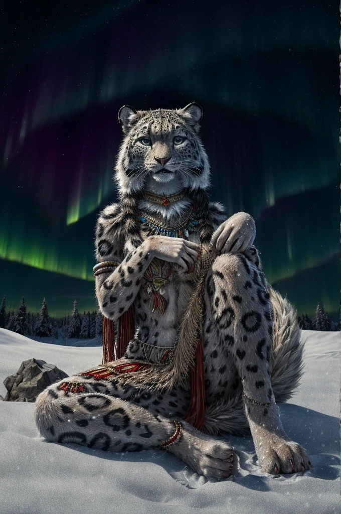 Snow Leopard, Humanity, furry, woman, woman, fur, detailed fur masterpiece, Highest quality, Digital Art, (Realistic:0.3), comics, Fine Lines, High resolution, Visually stunning (Detailed lighting, Depth of written boundary:0.9), Detailed Color, Vibrant colors, perfect hands, Fine hand (beautiful, cute, fluffy:1.2), Detailed body, Barefoot hairy character ,One girl,Person sitting barefoot in the snow, Nice legs, Soles and pads,smile,nature, Tribal accessories, Tribal costume, Colorful aurora borealis,Night