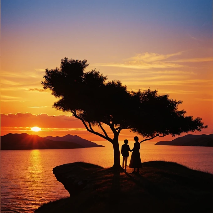 Illustration for the poster of a book about a couple in love standing near a mountain cliff at sunset