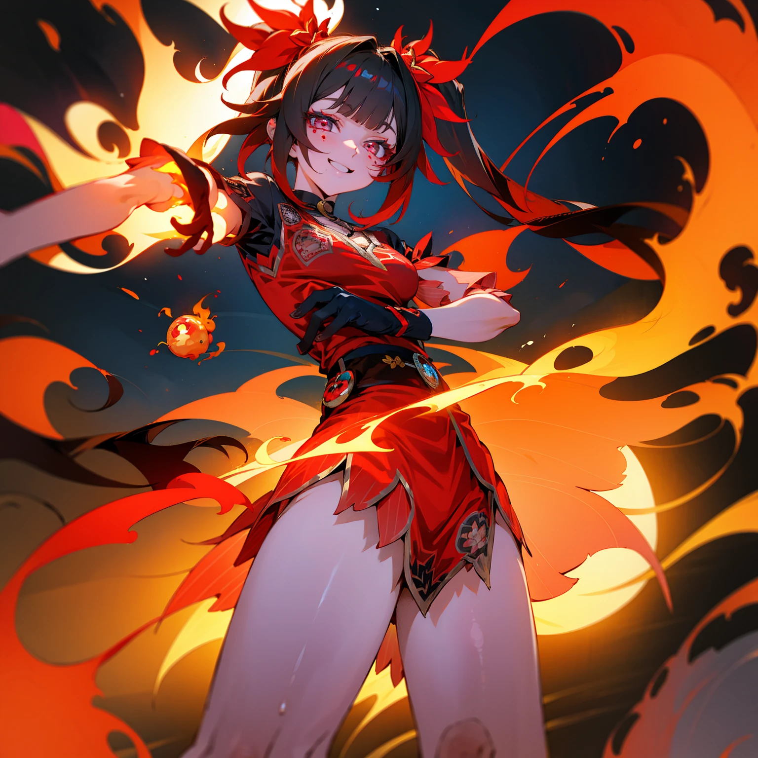 Twin tails, fire aura, lovely, candycrush, girl, shiny, eye glory, smile, happy, left hand cracking red. 