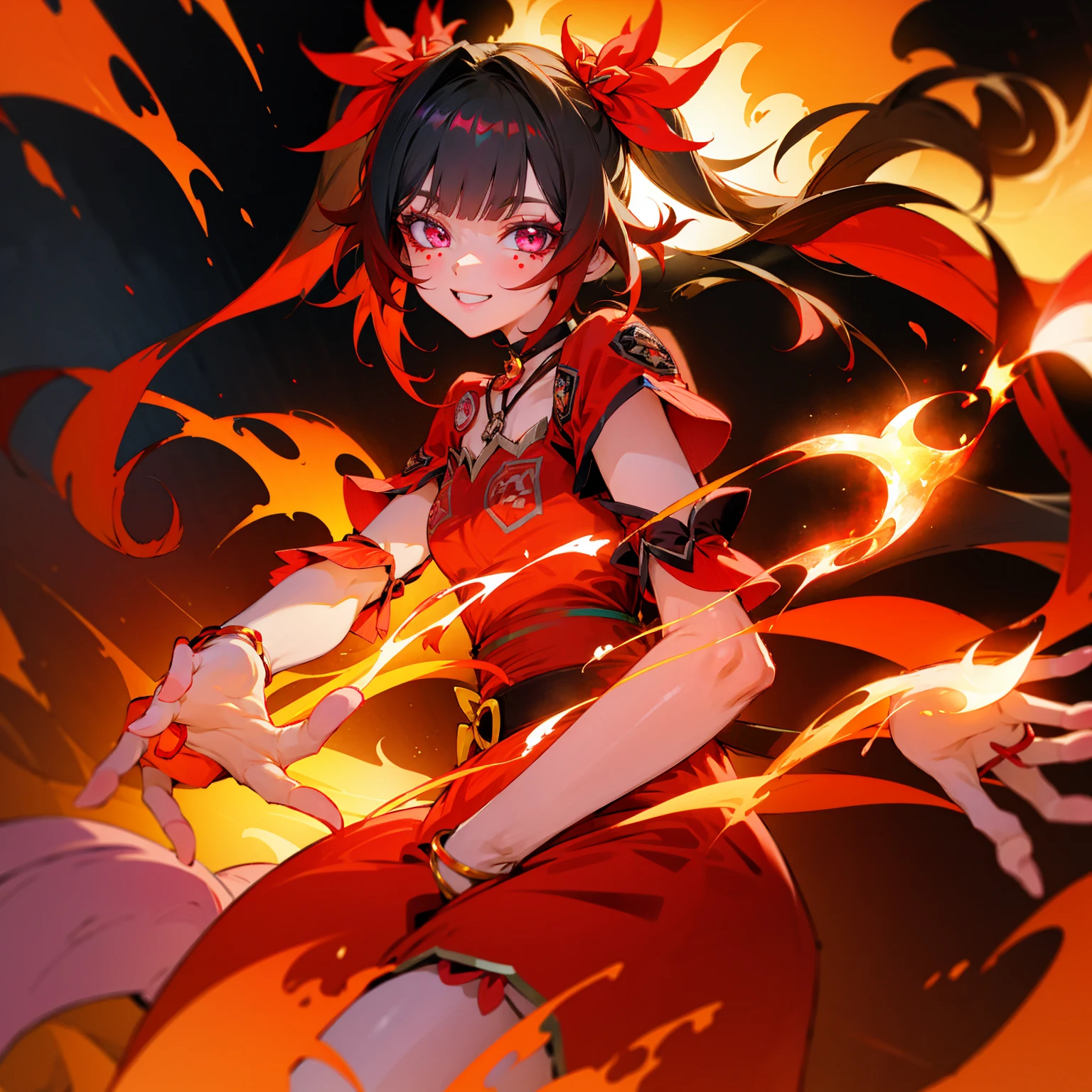 Twin tails, fire aura, lovely, candycrush, girl, shiny, eye glory, smile, happy, left hand cracking red. 