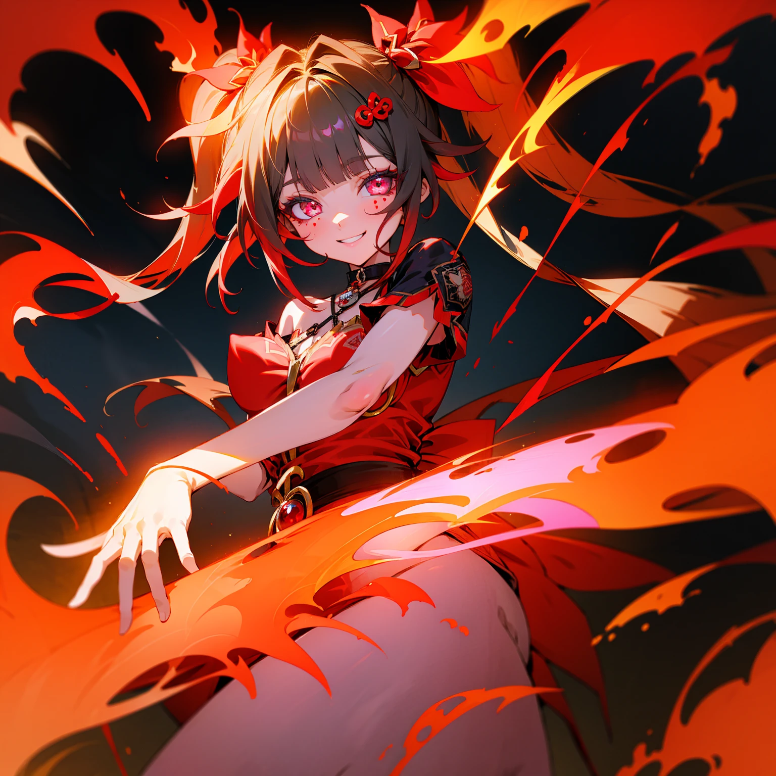 Twin tails, fire aura, lovely, candycrush, girl, shiny, eye glory, smile, happy, left hand cracking red. 