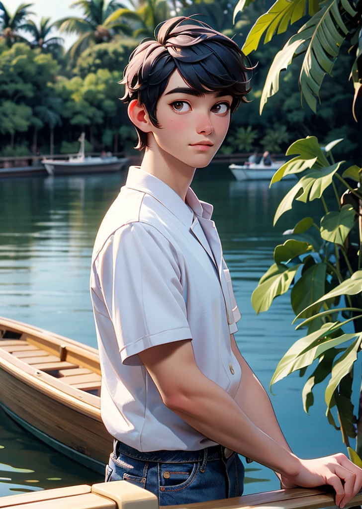 1 man in Japan、16 years old、good looking、wheat-colored skin、white T-suits、jeans、On a boat floating on a big river、Tropical plants and palm trees on the riverbank、perfect lighting、sharp focus、High definition、high resolution、High color rendering、High resolution、Super realistic、photo realistic