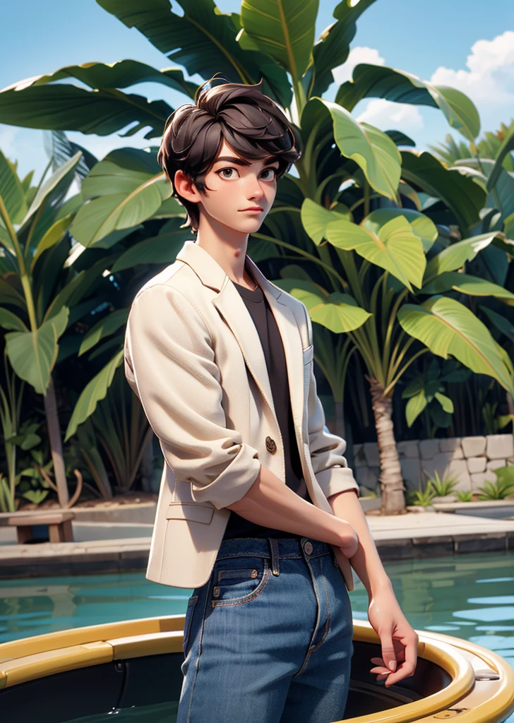 1 man in Japan、16 years old、good looking、wheat-colored skin、white T-suits、jeans、On a boat floating on a big river、Tropical plants and palm trees on the riverbank、perfect lighting、sharp focus、High definition、high resolution、High color rendering、High resolution、Super realistic、photo realistic