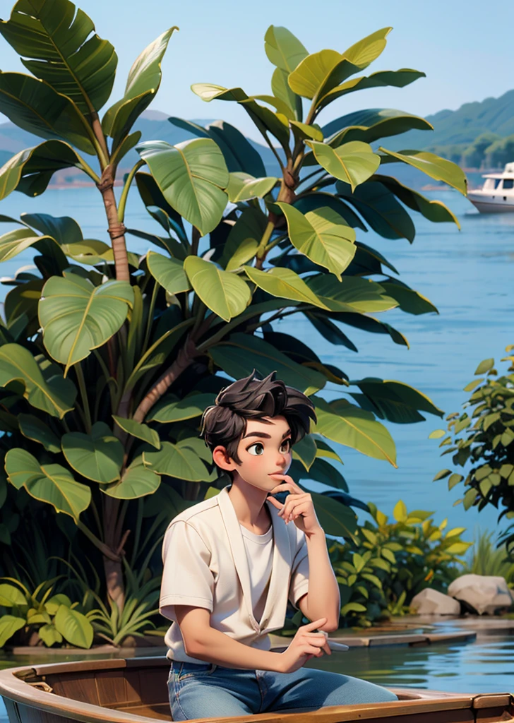 1 man in Japan、16 years old、good looking、wheat-colored skin、white T-suits、jeans、On a boat floating on a big river、Tropical plants and palm trees on the riverbank、perfect lighting、sharp focus、High definition、high resolution、High color rendering、High resolution、Super realistic、photo realistic 