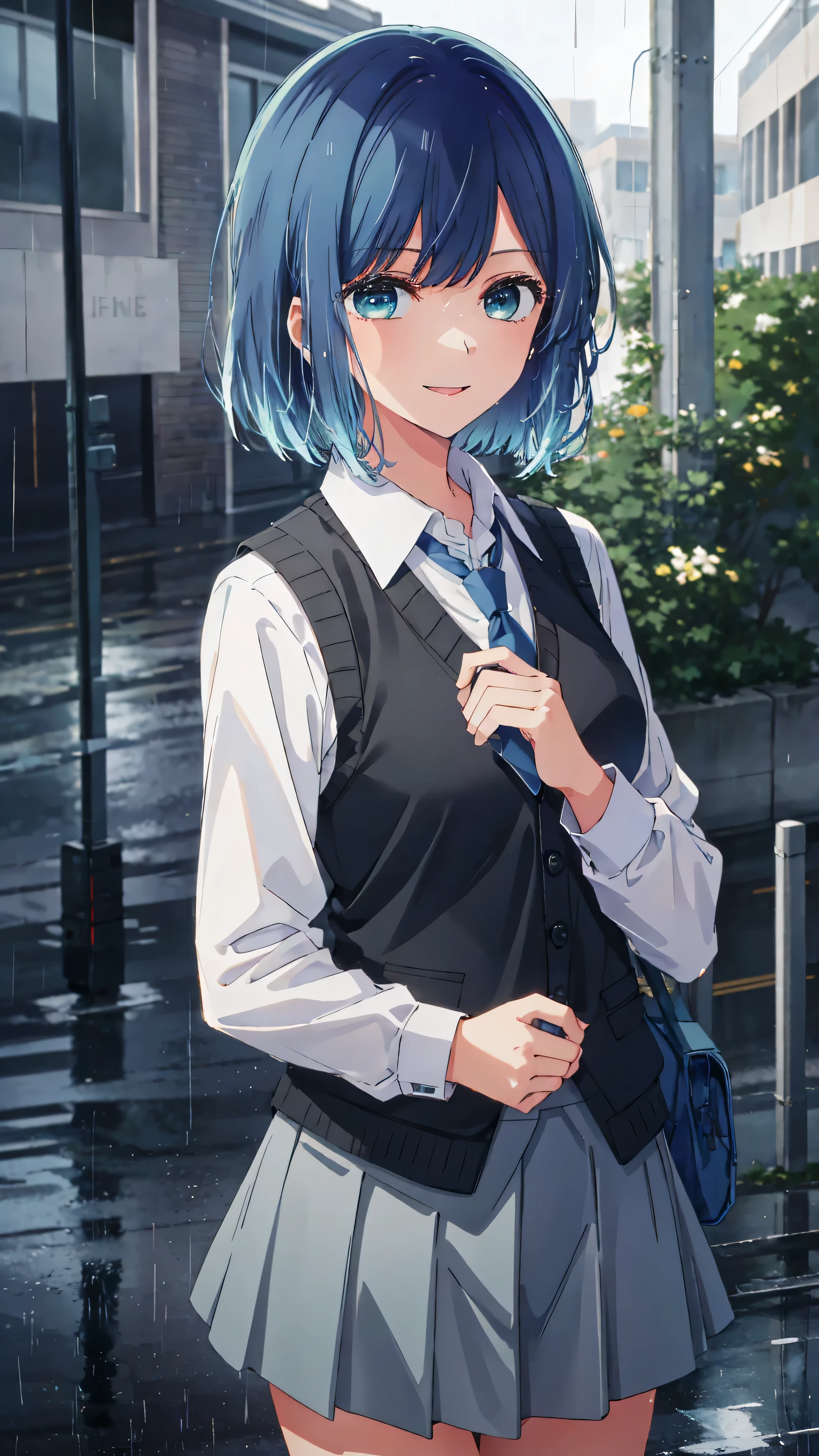masterpiece, best quality, tall body, tall, long legs, mature woman, mature, adult, alone, very cheerful, big smile, tie, 1 girl, shirt, blue tie, blue hair, white shirt, long sleeves, stare center, medium hair, collared shirt, vest, indoors, bangs, vest, green eyes, multicolored hair, black vest, short hair, bleached hair, blue eyes, skirt, in the rain, street background in storm,